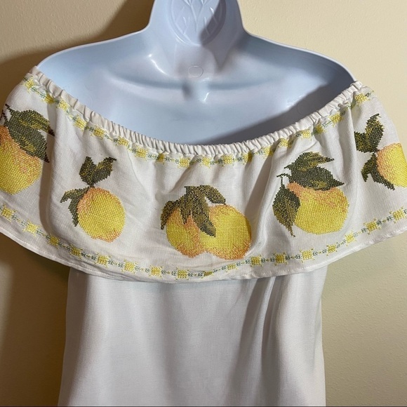 Off Shoulder Lemon Embroidered Cross Stitch Pullover Blouse White Sz M - Picture 12 of 15
